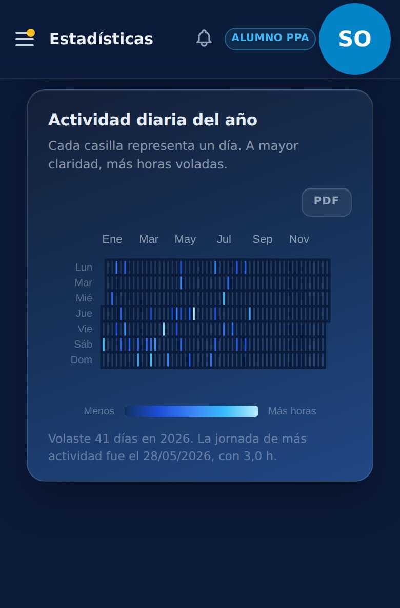 Estadísticas de un piloto en el teléfono: actividad diaria del año