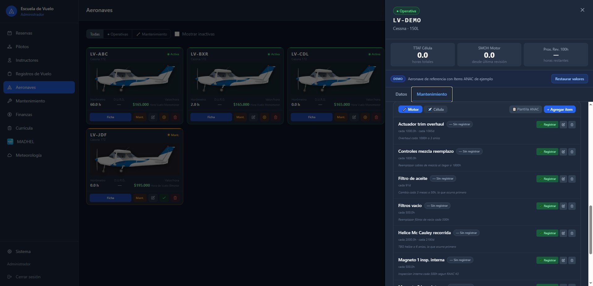 DC Pilot - Pantalla de gestión de aeronaves